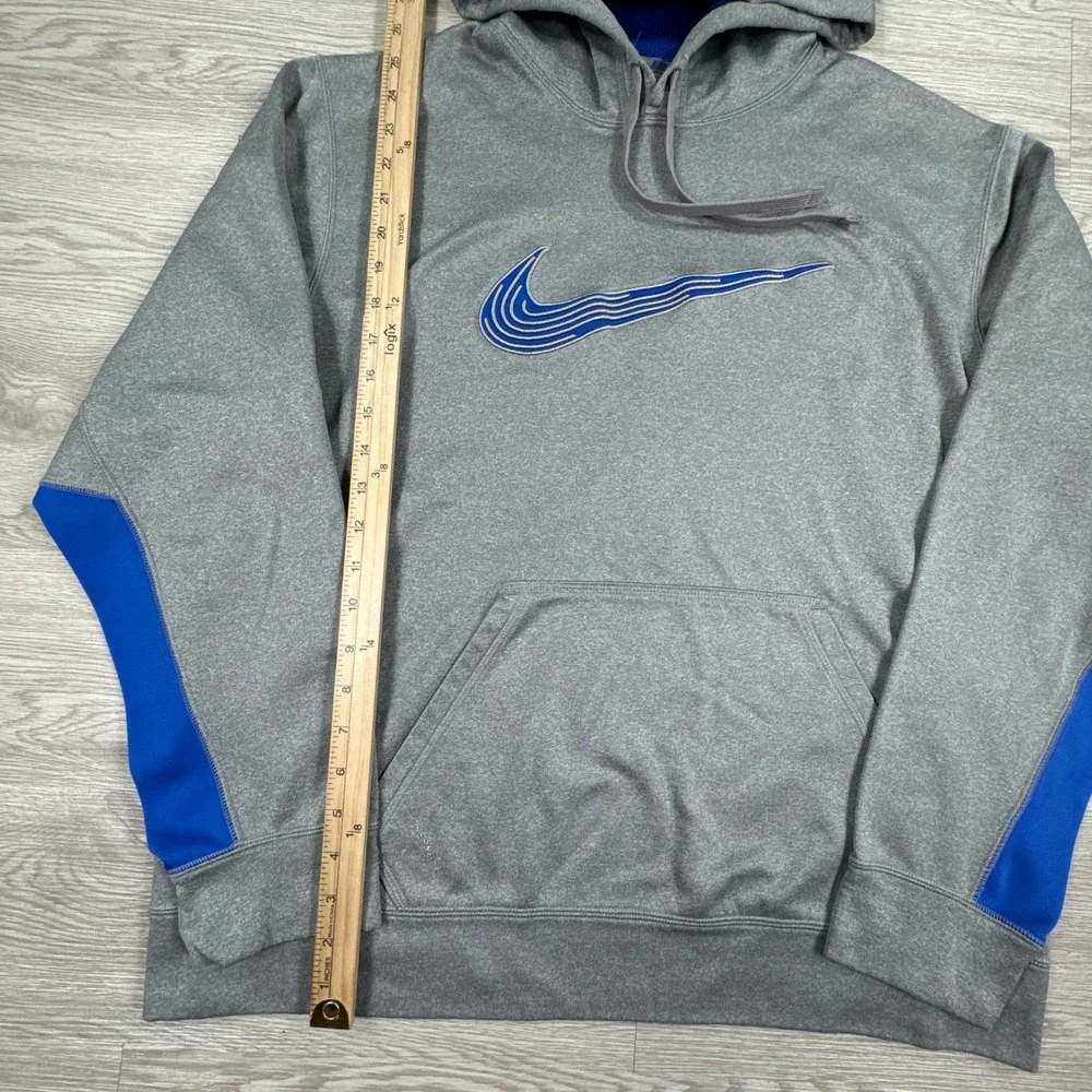 Nike Mens Hoodie Therma-FIT Pullover Gray Blue Large Swoosh Graphic Sweatshirt